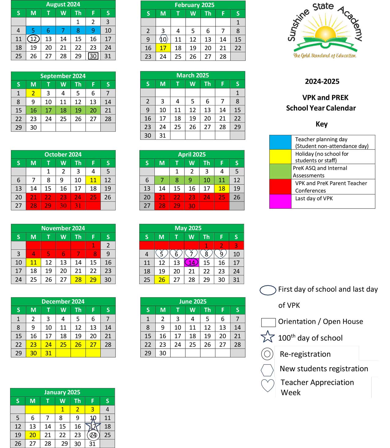 VPK and PREK calendar 2024-2025