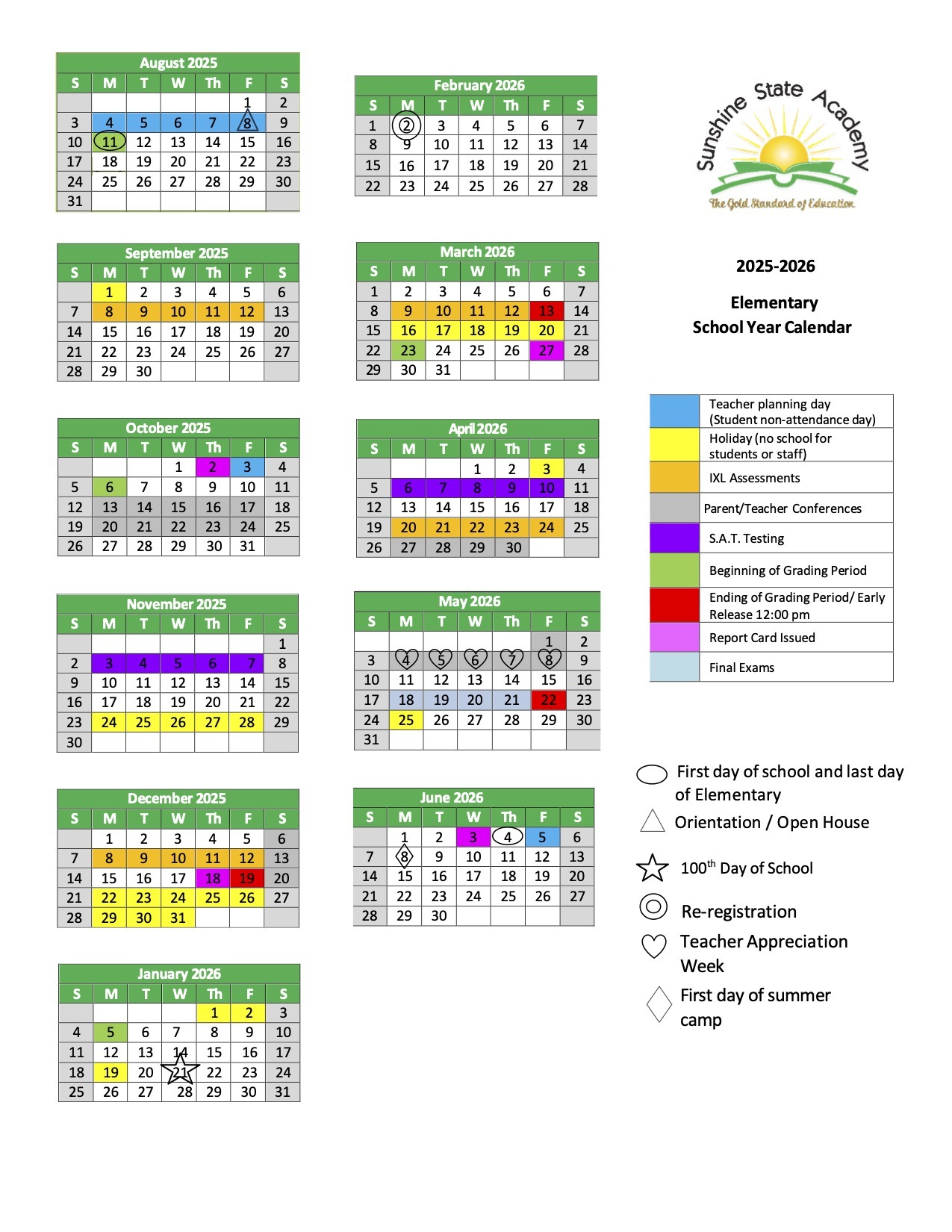 Elementary calendar 2025-2026