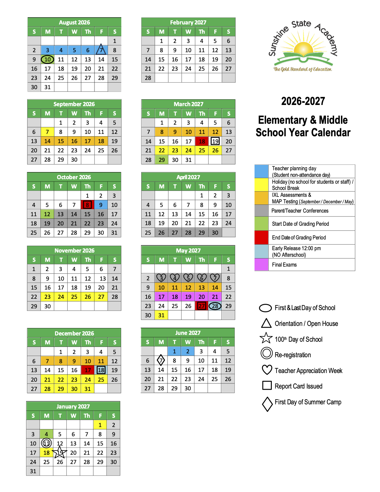 Elementary and Middle school calendar 2026-2027